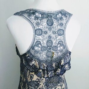 Y2K Crochet Racer Back Long Babydoll Camisole Tank Top Blue Cream Snake Print